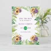 Groene Zonnebloem Paarse Bloemige Save The Date Ka Kaart (Staand voorkant)