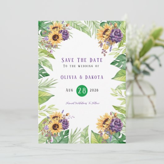 Groene Zonnebloem Paarse Bloemige Save The Date Ka Kaart (Staand voorkant)
