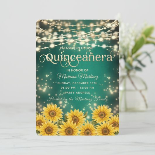 Groene Zonnebloem String lichten gouden sprankelin Kaart (Staand voorkant)