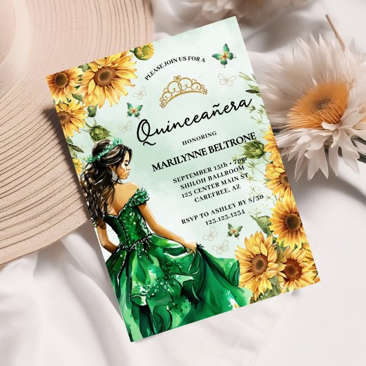 Groene Zonnebloem Vlinder Prinses Quinceañera Kaart