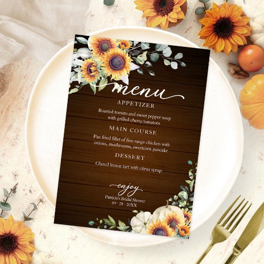 Groene Zonnebloemen Herfst Bruidsfeest Menu Kaart