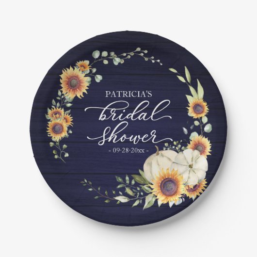 Groene Zonnebloemen Pompoen Herfst Bruids Blauw Ho Papieren Bordje (Voorkant)