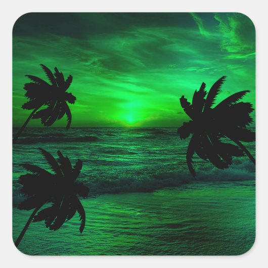 GROENE ZONSONDERGANGEN OCEAN SCHILDERACHTIG VIERKANTE STICKER (Voorkant)