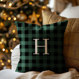 Groene zwartbuffelplaidmonogram vakantiedecoratie kussen