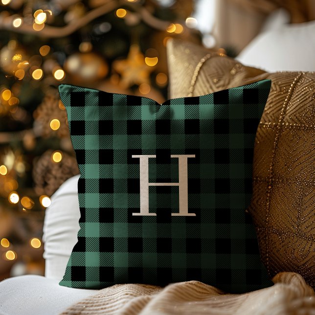 Groene zwartbuffelplaidmonogram vakantiedecoratie kussen (Creator heeft geüpload)