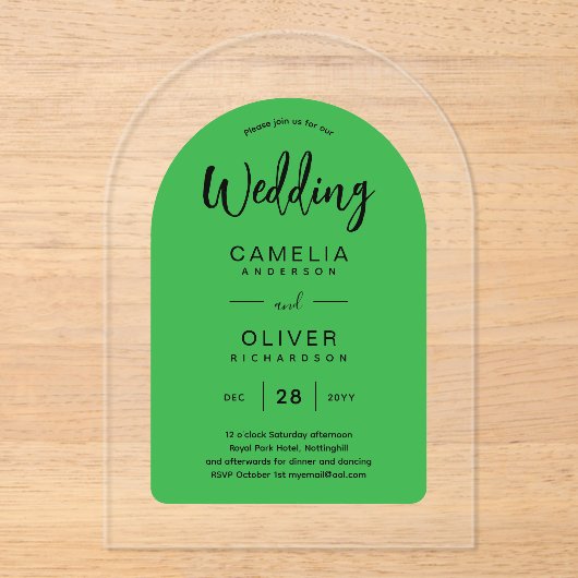 Groene Zwarte Boog Acryl Trouw Uitnodigingen Moder (Voorkant)