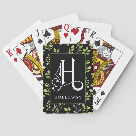 Groene Zwarte Botanische H Monogram, Personaliseer Pokerkaarten (Achterkant)