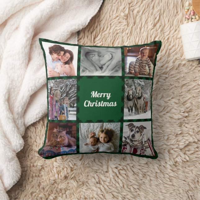 Groene Zwarte Buffalo Check Kerst Foto Collage Kussen (Deken)