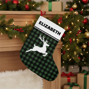 Groene & Zwarte Buffalo Plaid met Rendier Custom Grote Kerstsok