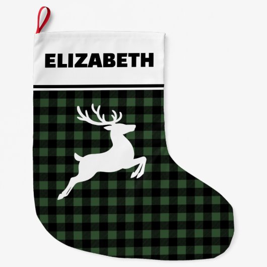 Groene & Zwarte Buffalo Plaid met Rendier Custom Grote Kerstsok (Voorkant)
