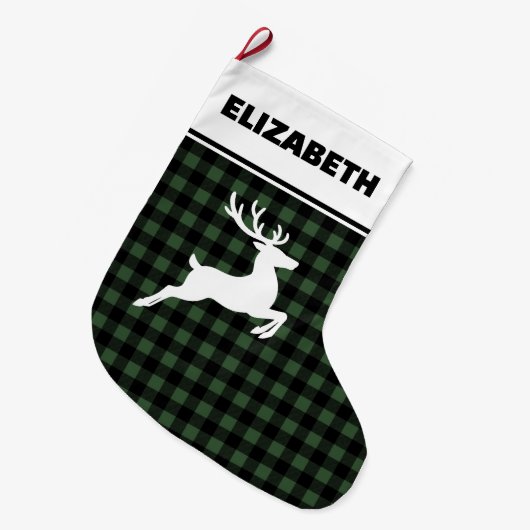 Groene & Zwarte Buffalo Plaid met Rendier Custom Grote Kerstsok (Voorkant (Hangend))