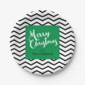 Groene, zwarte Chevron, vrolijk kerstgepersonalise Papieren Bordje (Voorkant)