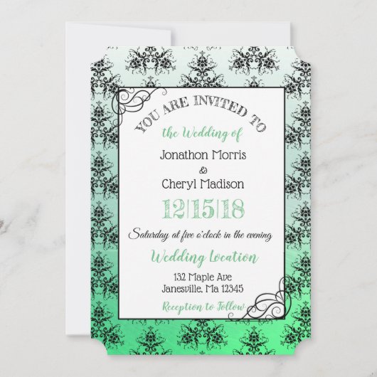 Groene zwarte Damask Classy Wedding-uitnodigingen Kaart (Voorkant)