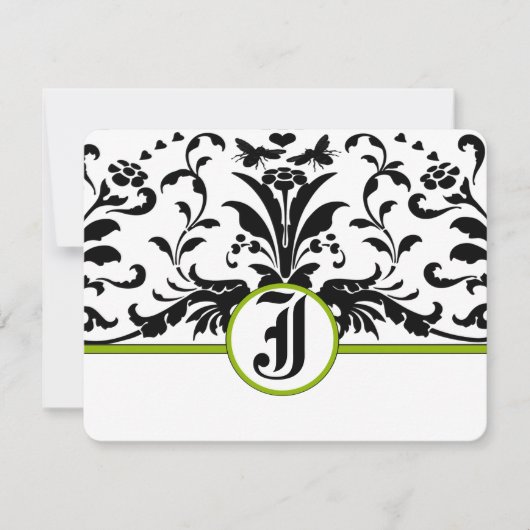 Groene Zwarte Damast Reactiekaart RSVP Kaartje (Voorkant)