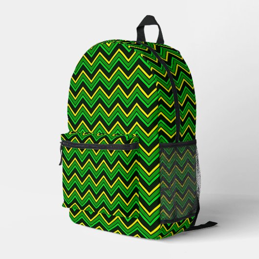 Groene, zwarte en gele chevron zigzag bedrukte rugzak (Achterkant Hoek Rechts)