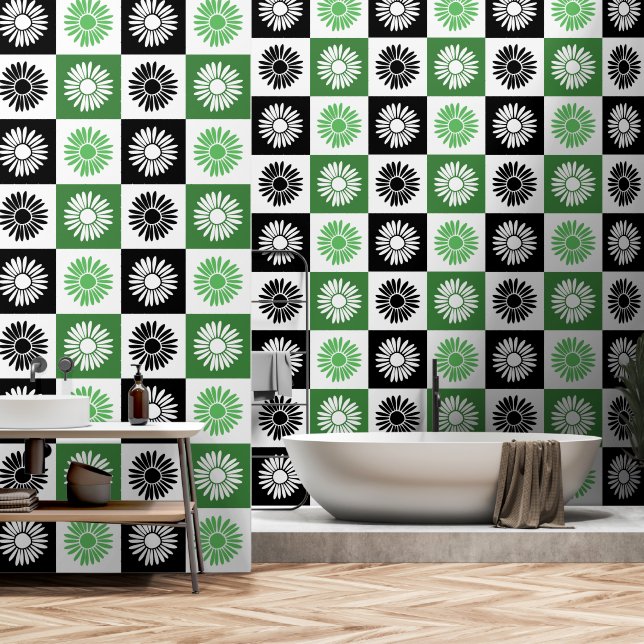 Groene, zwarte en witte bloem behang (Badkamer)