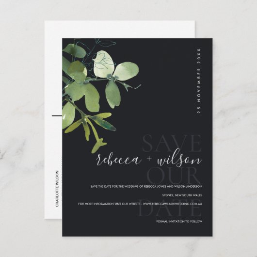 GROENE ZWARTE EUCALYPTUS-WATERVERF BEWAREN DE DATU AANKONDIGINGSKAART (Voorkant / Achterkant)