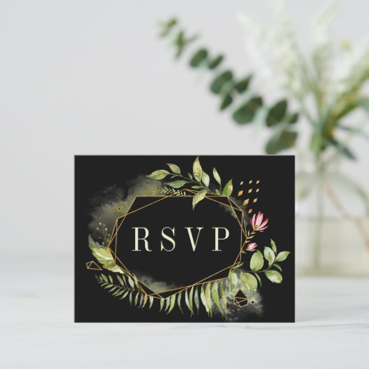 Groene Zwarte Geometrische Bloemenkrans Trouw RSVP Uitnodiging Briefkaart (Staand voorkant)