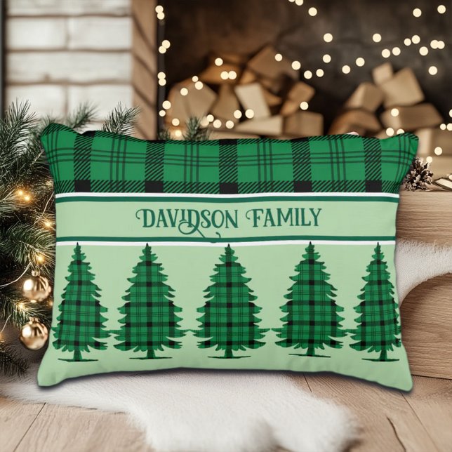 Groene Zwarte Gezellige Tartan Pine Bomen Accent Kussen (Creator heeft geüpload)