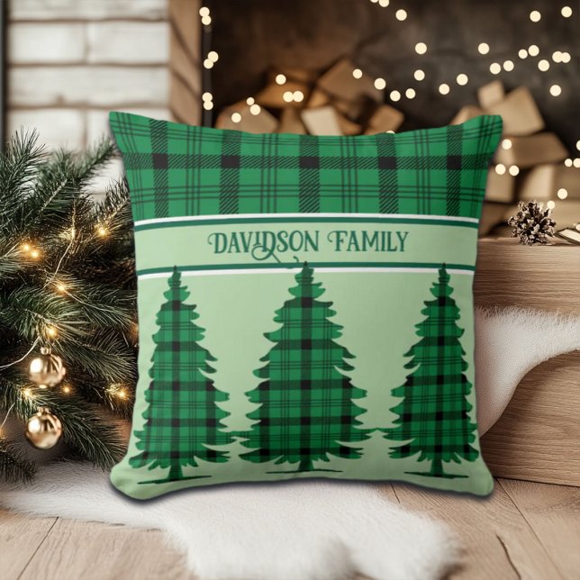 Groene Zwarte Gezellige Tartan Pine Bomen Kussen (Creator heeft geüpload)
