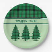 Groene Zwarte Gezellige Tartan Pine Bomen Papieren Bordje (Voorkant)