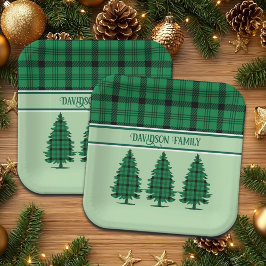 Groene Zwarte Gezellige Tartan Pine Bomen Papieren Bordje