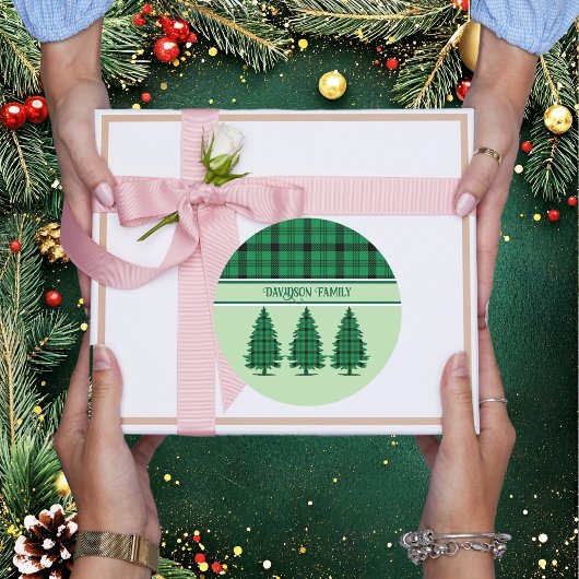 Groene Zwarte Gezellige Tartan Pine Bomen Ronde Sticker