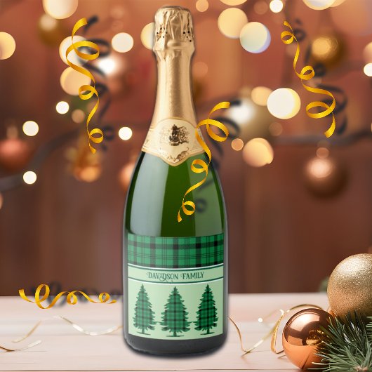 Groene Zwarte Gezellige Tartan Pine Bomen Sparkling Wijnetiket