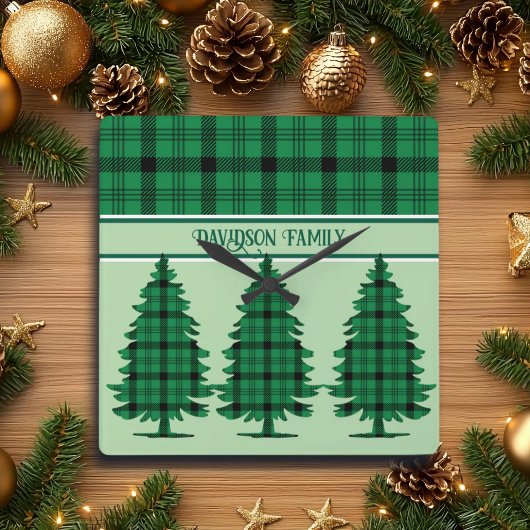 Groene Zwarte Gezellige Tartan Pine Bomen Vierkante Klok