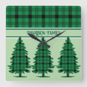 Groene Zwarte Gezellige Tartan Pine Bomen Vierkante Klok (Voorkant)