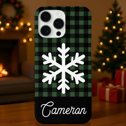 Groene & Zwarte Gingham met Sneeuwvlokken en Naam Case-Mate iPhone Case