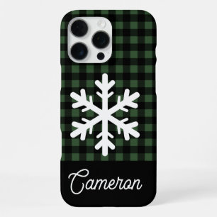 Groene & Zwarte Gingham met Sneeuwvlokken en Naam iPhone 16 Pro Max Hoesje