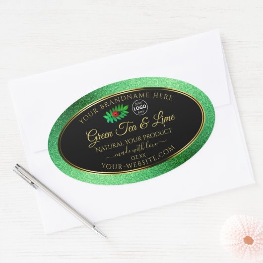 Groene zwarte Glitter-productlabels Ladybug-Logo Ovale Sticker (Envelop)