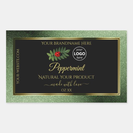 Groene zwarte Glitter-productlabels Ladybug-Logo Rechthoekige Sticker (Voorkant)