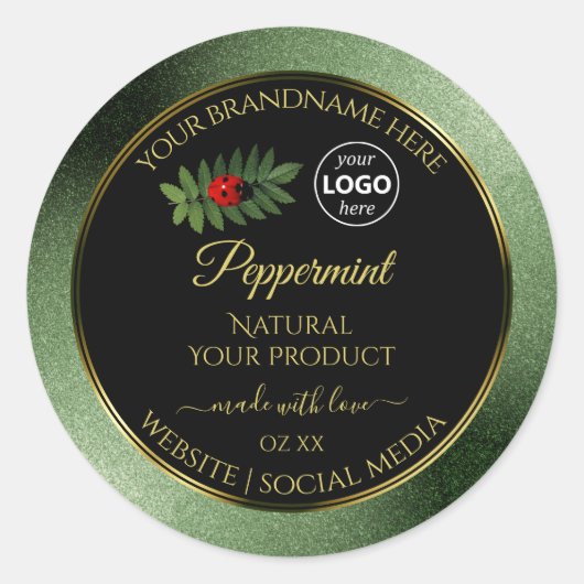 Groene zwarte Glitter-productlabels Ladybug-Logo Ronde Sticker (Voorkant)