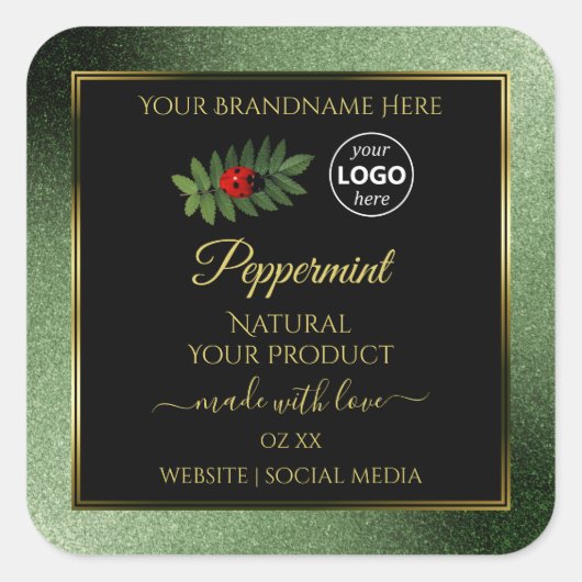 Groene zwarte Glitter-productlabels Ladybug-Logo Vierkante Sticker (Voorkant)
