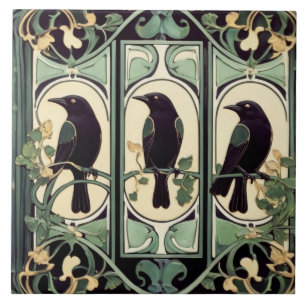 Groene Zwarte Kraai Vogels Art Nouveau Art Deco Vo Tegeltje