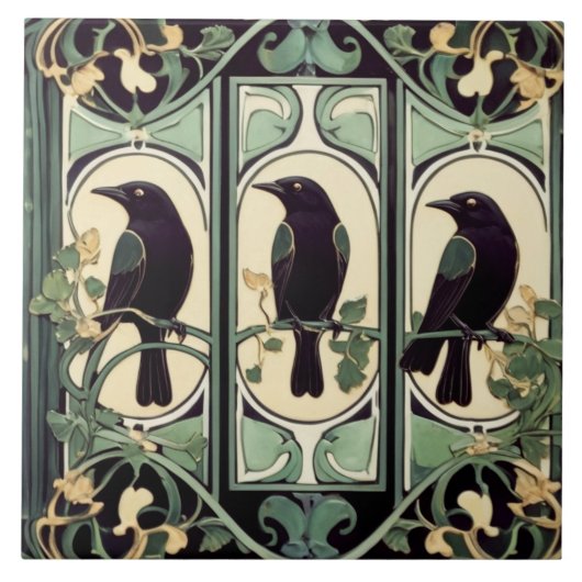 Groene Zwarte Kraai Vogels Art Nouveau Art Deco Vo Tegeltje (Voorkant)