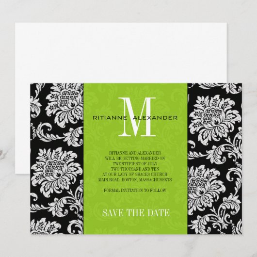 Groene Zwarte Monogram Damast Huwelijk Save The Da Kaart (Voorkant / Achterkant)