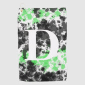 Groene zwarte monogram golfhanddoek met verfspatte (Voorkant)