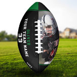 Groene zwarte naam Nummer team foto American Football<br><div class="desc">Groen zwart-naamnummer Team Photo Football. Pas het met uw foto, naam, teamnaam en jaar aan. De tekst is trendy witte en groene typografie op een zwarte achtergrond met een groene streep. U kunt om het even welke tekst op het football veranderen of het wissen. Een perfect cadeau voor een football...</div>