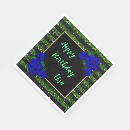 Groene zwarte streep Glitter Deep Blue Roos Birthd Servet (Hoek)