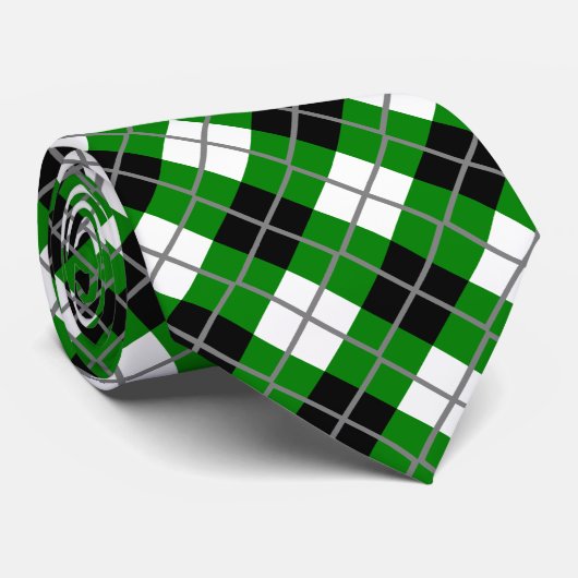 Groene, zwarte, witte en grijze argyle drukkneckti stropdas (Opgerold)