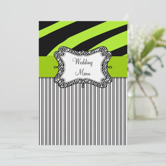 Groene zwarte Zebra Stripes Weddenemerkaart Menu (Staand voorkant)