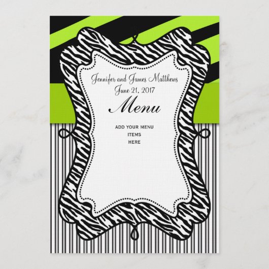 Groene zwarte Zebra Stripes Weddenemerkaart Menu (Achterkant)