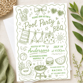 Groene zwembadfeest BBQ zomer handgetekende Doodle Kaart
