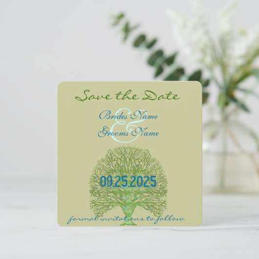 Groene Zwirl Love Tree Weddenschap Save The Date (Staand voorkant)
