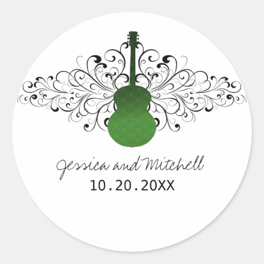Groene Zwirls Guitar Wedding Stickers (Voorkant)