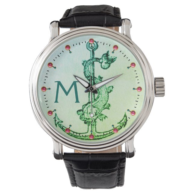 GROENEN ANCHOR MET VISNAUTIEKE MONOGRAM roze Parel Horloge (Voorkant)