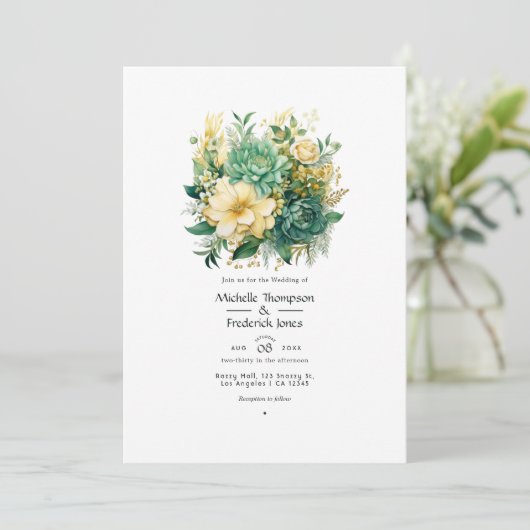 Groenen en Gouden Bloemen Zomer Bruiloft Kaart (Staand voorkant)